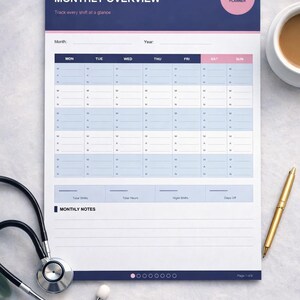Peut inclure: Un planificateur d'infirmière avec un en-tête bleu et rose indiquant "MONTHLY OVERVIEW". Le planificateur a une mise en page de calendrier pour le suivi des quarts. Un stéthoscope et un stylo doré sont sur le côté. Le texte "8 PAGES • INSTANT DOWNLOAD" est en bas.