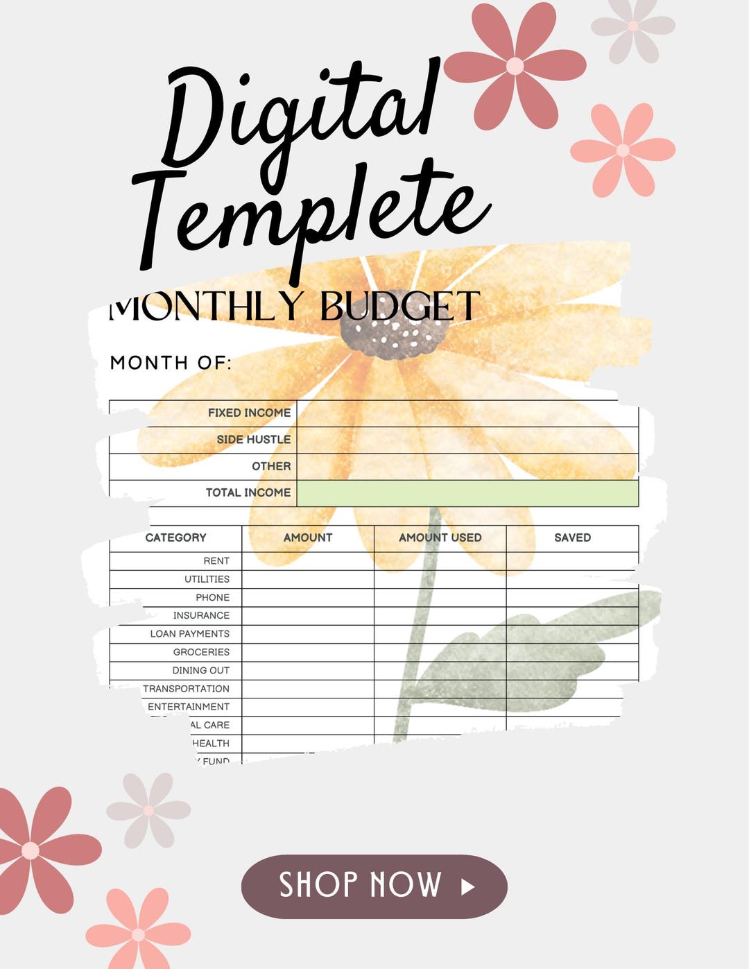 Sunflower Monthly Budget Planner | Floral Finance Tracker (digital ...