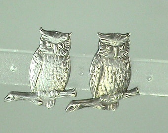 Perching Owls on Branch 3D 925 Vintage Sterling Earrings, "Owls on a Stick" Full Body  Design with Twist Backs