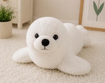 Cute White Seal Plush Toy, Kawaii Seal Stuffed Animal, Soft Fluffy Seal Pillow, Adorable Marine Animal Plushie, Kids Room Decor Gift