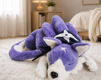 Purple Sleeping Fox Plush, Cute Kawaii Stuffed Animal, Anime Plushie, Lavender Fox Toy, Bedroom Decor, Gift for Gamers, Handmade Plush Doll