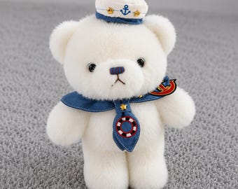 White Sailor Teddy Bear Plush 30cm, Cute Nautical Stuffed Animal, Kawaii Soft Toy, Gift for Kids, Nursery Decor