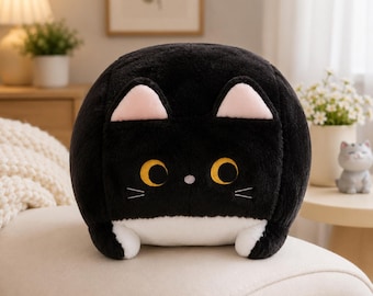 Black Cat Plush Pillow, Kawaii Cat Stuffed Animal, Cute Anime Plushie, Soft Kitty Cushion, Cozy Room Decor, Cat Lover Gift, Cute Plush Toy
