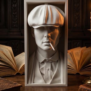 May include: A white bust of a man wearing a flat cap and smoking a cigarette, set within a rectangular frame. The bust is on a wooden table with old books and a lit candle in a brass holder. The background features dark wood paneling.
