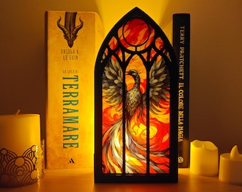 Book Nook Shelf Insert, Dark Phoenix LED Light, Gothic Bookshelf Decor for Book Lovers Gift, Fantasy Reading Nook, Stained Glass Style, cozy