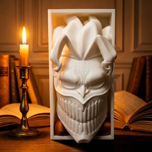 May include: A white, 3D-printed sculpture of a menacing face with sharp teeth and pointed ears, set within a rectangular frame. The sculpture is lit by a candle in a brass candlestick, with books in the background.