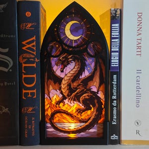 May include: A stained-glass style dragon bookend with a crescent moon and stars design. The dragon is brown and black, with orange and yellow accents. The bookend is in front of several books, including one titled "WILDE".