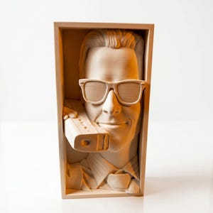 May include: A wooden relief sculpture of a man wearing sunglasses and holding a retro phone. The man's face is carved in detail, with a slight smile. The sculpture is set within a rectangular wooden frame.