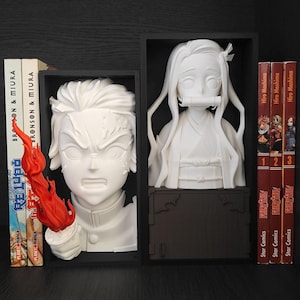 May include: Two white 3D-printed character busts mounted in black rectangular frames. The left bust features a character holding a bright orange flame, while the right bust depicts a character with long hair and a bamboo muzzle. Books flank the frames.