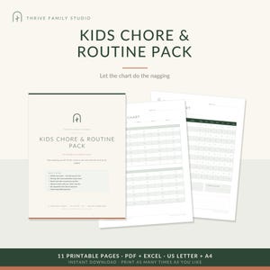 Può includere: Un pacchetto di faccende e routine per bambini che include una raccolta di pagine di pianificazione stampabili. I documenti includono un foglio di copertina con il logo Thrive Family Studio e diverse tabelle delle faccende con griglie.