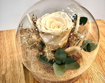 Handgefertigte Glaskugel mit stabilisierter cremefarbener Rose, Trockenblumen und Korkverschluss, 15 cm Deko Geschenk
