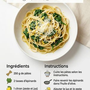 Peut inclure: Une vue de dessus d'un plat de pâtes au citron et aux épinards, avec du parmesan râpé. Le titre est "PÂTES CITRON ET ÉPINARDS", avec un temps de préparation de 10 minutes et de cuisson de 15 minutes. Ingrédients et instructions sont également listés.