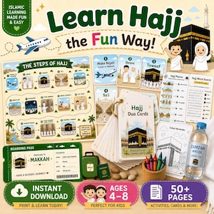 May include: Educational Hajj learning materials for kids, featuring colorful illustrations and text. Includes a step-by-step guide, flashcards, coloring pages, and a boarding pass. The text reads "Learn Hajj the Fun Way!" and "Instant Download."