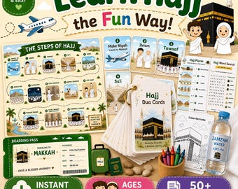 Hajj Activities for Kids Bundle | Islamic Learning Pack, Map Poster, Dua Cards (PDF)