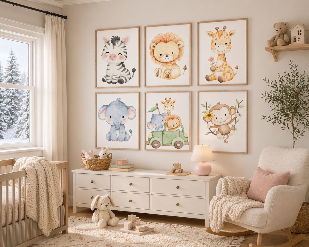 Safari Nursery Wall Art Set, Watercolor Baby Animals, Jungle Kids Room ...