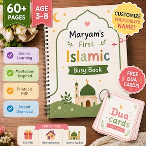 May include: A spiral-bound book titled Maryam's First Islamic Busy Book with a mosque illustration, accompanied by a set of Dua cards on a metal ring. The cover features text including 60+ pages, age 3-8, and customize your child's name.