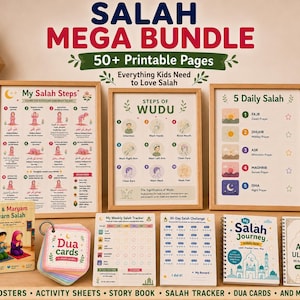 Könnte beinhalten: Eine Sammlung von Lernmaterialien für Kinder, darunter Poster, Arbeitsblätter und ein Geschichtenbuch. Die Artikel tragen den Text "SALAH MEGA BUNDLE" und "Everything Kids Need to Love Salah". Das Bundle enthält "Dua cards" und ein "Salah Journey" Aktivitätsbuch.