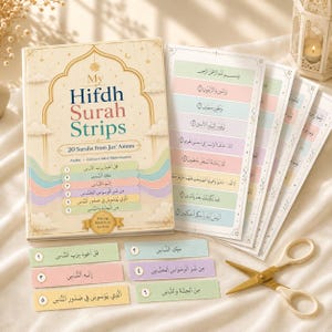 May include: A set of My Hifdh Surah Strips for kids, featuring a book with 20 Surahs from Juz' Amma, color-coded paper strips with Arabic text, and a pair of gold-toned scissors. The cover displays the title and decorative cloud illustrations.