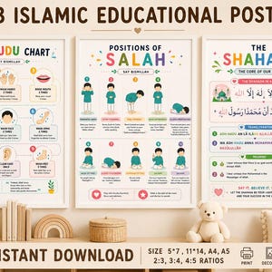 Puede incluir: Tres carteles educativos islámicos enmarcados. Los carteles muestran información sobre Wudu, Salah y la Shahada. Los carteles son blancos con ilustraciones y texto coloridos. El texto incluye las frases "My Wudu Chart", "Positions of Salah" y "The Shahada".