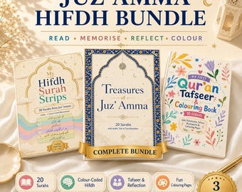 Juz Amma Hifdh Bundle | 20 Surahs with Arabic and Transliteration | Surah Memorization Strips | Illustrations Tafseer & Coloring Book PDF