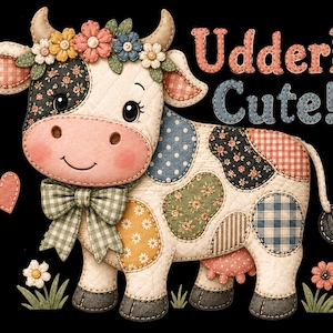 May include: A whimsical illustration of a patchwork cow with the text "Udderly Cute!". The cow features a floral crown, a green gingham bow, and patches of various patterns. The background is black.