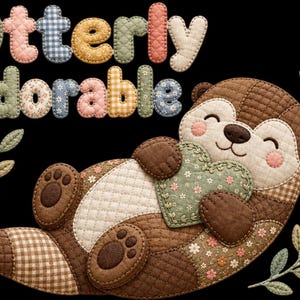 May include: A whimsical illustration on a black background features a smiling otter holding a heart-shaped pillow. The text "Otterly Adorable" is stitched in colorful, patterned fabric. Decorative leaves and floral accents frame the otter.
