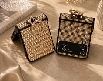 Funda plegable de lujo con anillo de diamantes Z para teléfono Samsung / Funda protectora brillante con tapa para Samsung / Funda plegable glamurosa con diamantes de imitación / Lindo regalo brillante