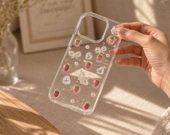 Funda para iPhone con purpurina de fresa / Funda transparente nacarada para teléfono / Funda estética kawaii para iPhone / Idea de regalo para chicas
