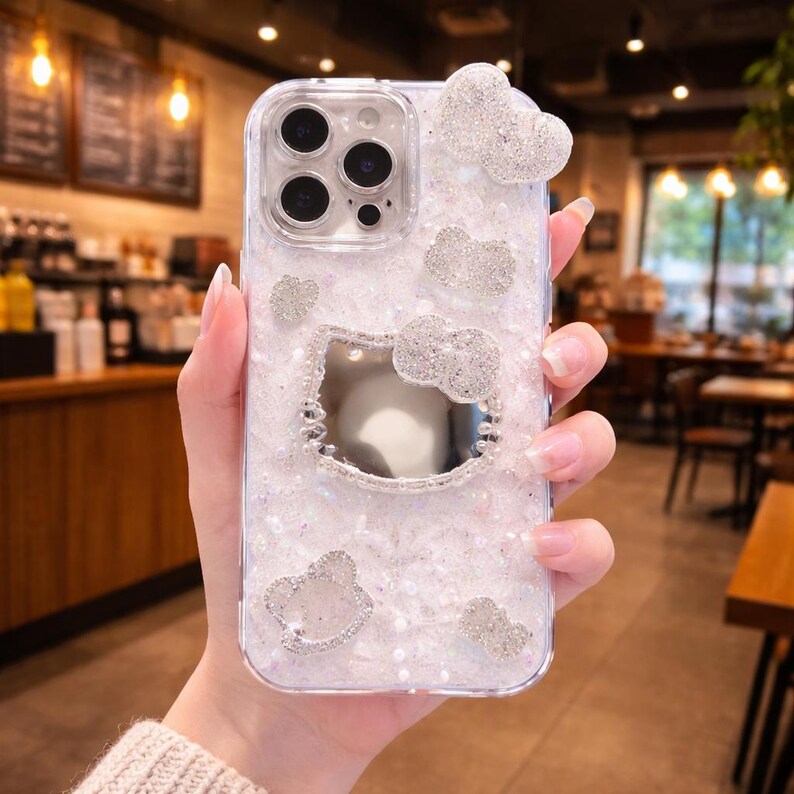 Sanrio Hello Kitty Mirror iPhone Case, Cute Glitter 3D Cartoon Protective Cover for iPhone 17 16 15 14 13 12 Pro Max B