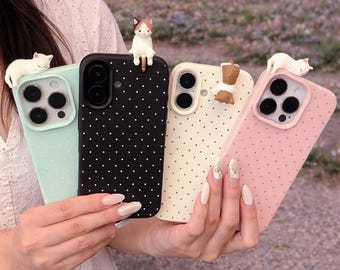 Funda para iPhone con diseño de gato de dibujos animados en 3D y lunares, funda protectora suave a prueba de golpes.