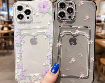 Floral Clear iPhone Case with Card Holder, Soft Silicone Protective Cover