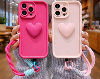 3D Heart iPhone Case with Lanyard, Matte Shockproof Cover, PC TPU Protection