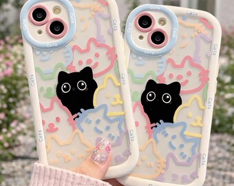 Funda para iPhone con diseño de gato de dibujos animados, funda protectora de silicona suave a prueba de golpes, incluye estuche.