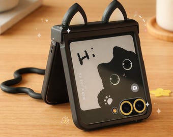 Funda para teléfono Samsung Z Flip con orejas de gato negro, funda protectora con correa.