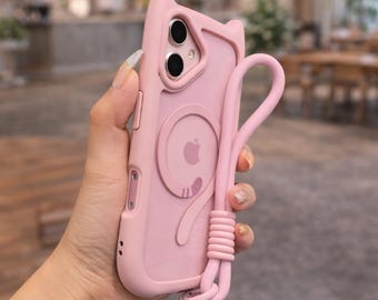 Cat Ear Phone Case, Clear MagSafe Compatible Protective Cover with Wrist Strap