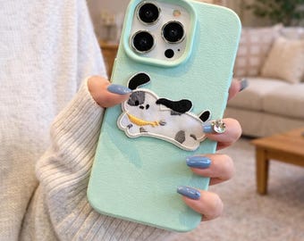 Funda para iPhone con bordado 3D de perro, cubierta con estampado de cuero, protección completa, agarre antideslizante.