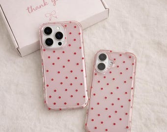 Funda para iPhone con estampado de lunares rojos y cubierta protectora brillante rosa transparente.