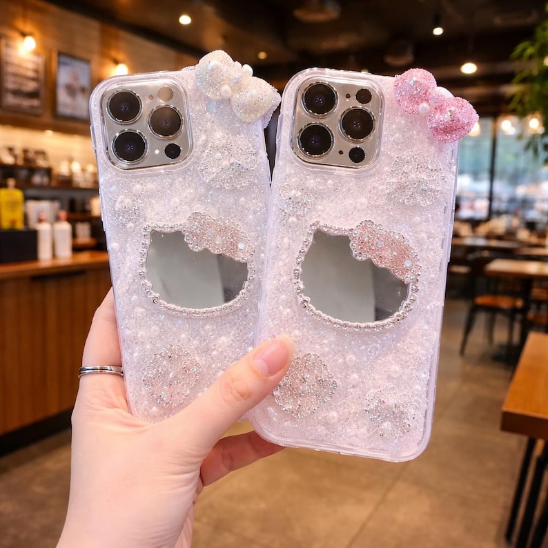 Sanrio Hello Kitty Mirror iPhone Case, Cute Glitter 3D Cartoon Protective Cover for iPhone 17 16 15 14 13 12 Pro Max image 1