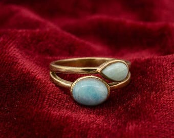 Gold Plated Larimar Ring, Double Stone Bypass Band, Oval Teardrop Light Blue Gemstone Ring, Boho Chic Artisan Jewelry, Gift for Her