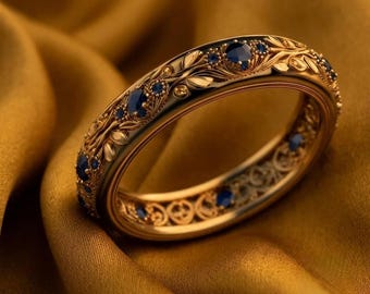 Gold Sapphire Band,Filigree Floral Ring,Boho Wedding Band,Artisan Statement Ring,Blue Gemstone Jewelry
