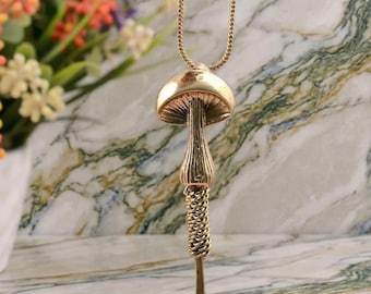 Gold Plated Mushroom Pendant Necklace, Brass Magic Mushroom Spoon Charm, Boho Chic Toadstool Jewelry, Unique Artisan Gift For Her