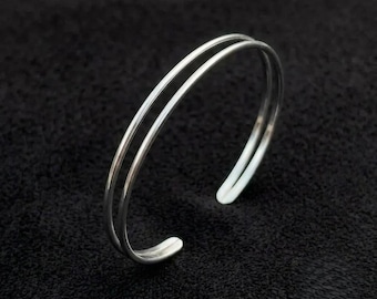 Minimalist Silver Double Band Cuff Bracelet, Handcrafted Open Bangle, Thin Parallel Wire Bracelet, Modern Stacking Jewelry Gift