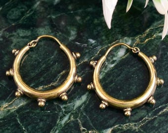 Solid Brass Hoop Earrings, Tribal Studded Creole Hoops, Minimalist Beaded Edge Drop Earrings, Boho Chic Artisan Gift For Her