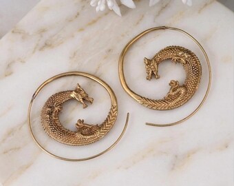 Solid Brass Dragon Spiral Hoop Earrings, Textured Chinese Mythical Ear Weights, Boho Chic Gothic Statement Jewelry, Gift For Her