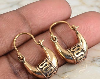 Gold Plated Brass Hoop Earrings, Textured Chunky Crescent Hoops, Minimalist Wave Design Drop Earrings, Boho Chic Jewelry Gift For Her