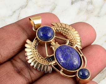 Lapis Lazuli Scarab Necklace: Egyptian Lapis Lazuli Scarab Pendant, Winged Brass Beetle Necklace, Sacred Ancient Egypt Protection Jewelry.