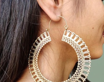 Gold Plated Filigree Hoop Earrings, Big Open Work Lace Drop Hoops, Minimalist Statement Earrings, Boho Chic Jewelry Gift For Her