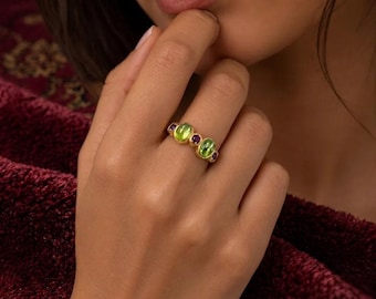 Natural Peridot Ruby Ring, Gold Gemstone Ring, Multi Stone Statement Ring, Handcrafted Boho Ring, Unique Anniversary Gift For Her