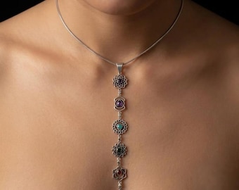 7 Chakra Gemstone Pendant Necklace 925 Sterling Silver Yoga Healing Crystal Alignment Pendant Long Drop Necklace Gift For Her