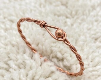 Handmade Pure Copper Bangle Bracelet, Twisted Wire Cuff with Hook Ball Clasp, Minimalist Boho Jewelry, Anniversary Gift for Her